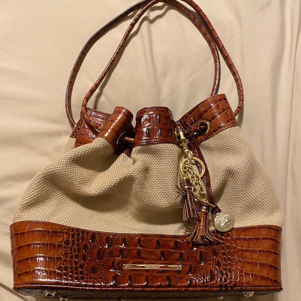 Genuine Brahmin Leather and Woven Fabric Handbag